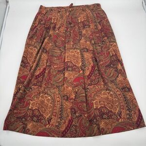 Orvis Womens Paisley Pleated Midi Skirt Burgundy Rust Brown Size 14 Elastic Back